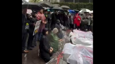 Protesters outside the UN headquarters.