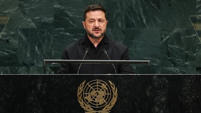 Ukraine's President Volodymyr Zelenskyy speaks during the 81st United Nations General Assembly at the United Nations Headquarters in New York. (AFP photo)