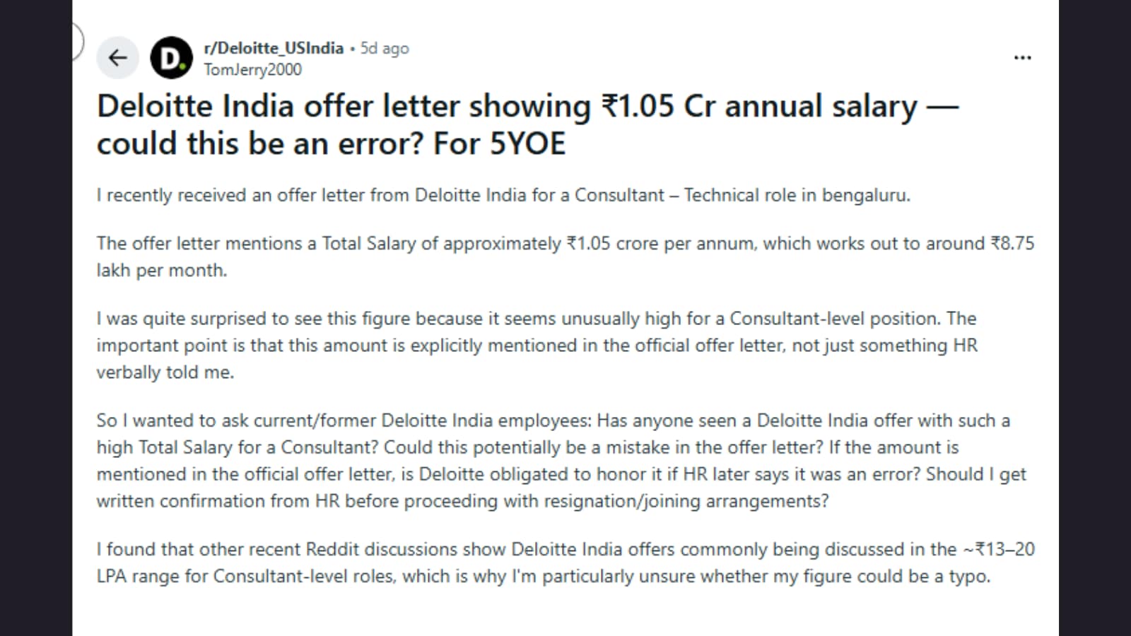 Rs 1.05 Cr CTC For 5 YOE? Deloitte Offer Leaves Job Seeker In Disbelief ...