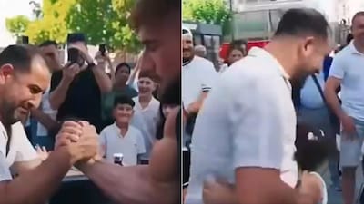 A casual arm-wrestling match between a professional and a father has gone viral (Image-X/@kirawontmiss)