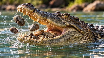You may have watched crocodiles hunt and devour their prey, but did you know these reptiles sometimes swallow small stones along with their food? These stones, which accumulate in the stomach, are known as gastroliths and are believed to serve several useful purposes.