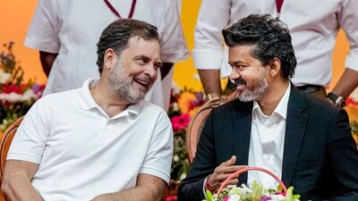 Rahul Gandhi had also travelled to Chennai to attend Vijay’s swearing-in ceremony and shared the dais with the TVK chief. (Photo: PTI file)