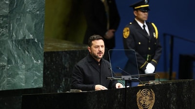 Ukraine's President Volodymyr Zelenskyy speaks during the 81st United Nations General Assembly at the United Nations Headquarters in New York. (AFP photo)