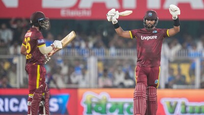Shai Hope of West Indies celebrates his century during the 2nd ODI match between India and West Indies at the ACA Stadium, Barsapara, Guwahati, India on September 30, 2026.Photo: Faheem Hussain / CREIMAS for BCCI