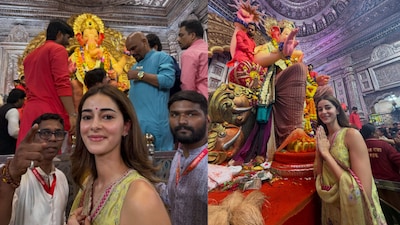 Ananya Panday sought Bappa’s blessings with dad Chunky Panday in tow, dressed in a delicate lime-green festive ensemble.(Image: Instagram/@ananyapanday)