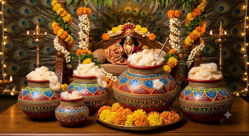 Hand-Painted Clay Matkis: Transform simple terracotta pots into festive treasures using bright acrylic paints, intricate mirror dots, and gold lace borders. Fill them overflowing with cotton wool to resemble freshly churned butter, beautifully echoing Krishna's famous childhood love for makhan.