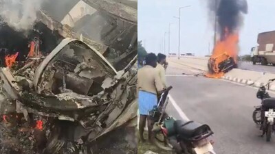 The neurosurgeon’s car veered across the road, hit a divider and burst into flames near Pillalamarri in Telangana. (Photo: Video Screengrab)