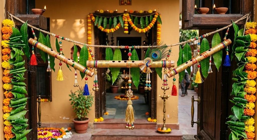 DIY Hanging Flute (Bansuri) Toran: Decorate a doorway hanging (toran) by embellishing bamboo flutes with golden ribbons, small tassels, and hanging beads. Suspend it alongside fresh mango leaf strings at your entrance to offer a musical, auspicious welcome to visiting guests. 