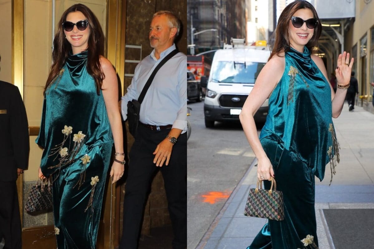 Mum-To-Be Anne Hathaway Begins Yet Another Press Tour In A Teal Velvet Set
