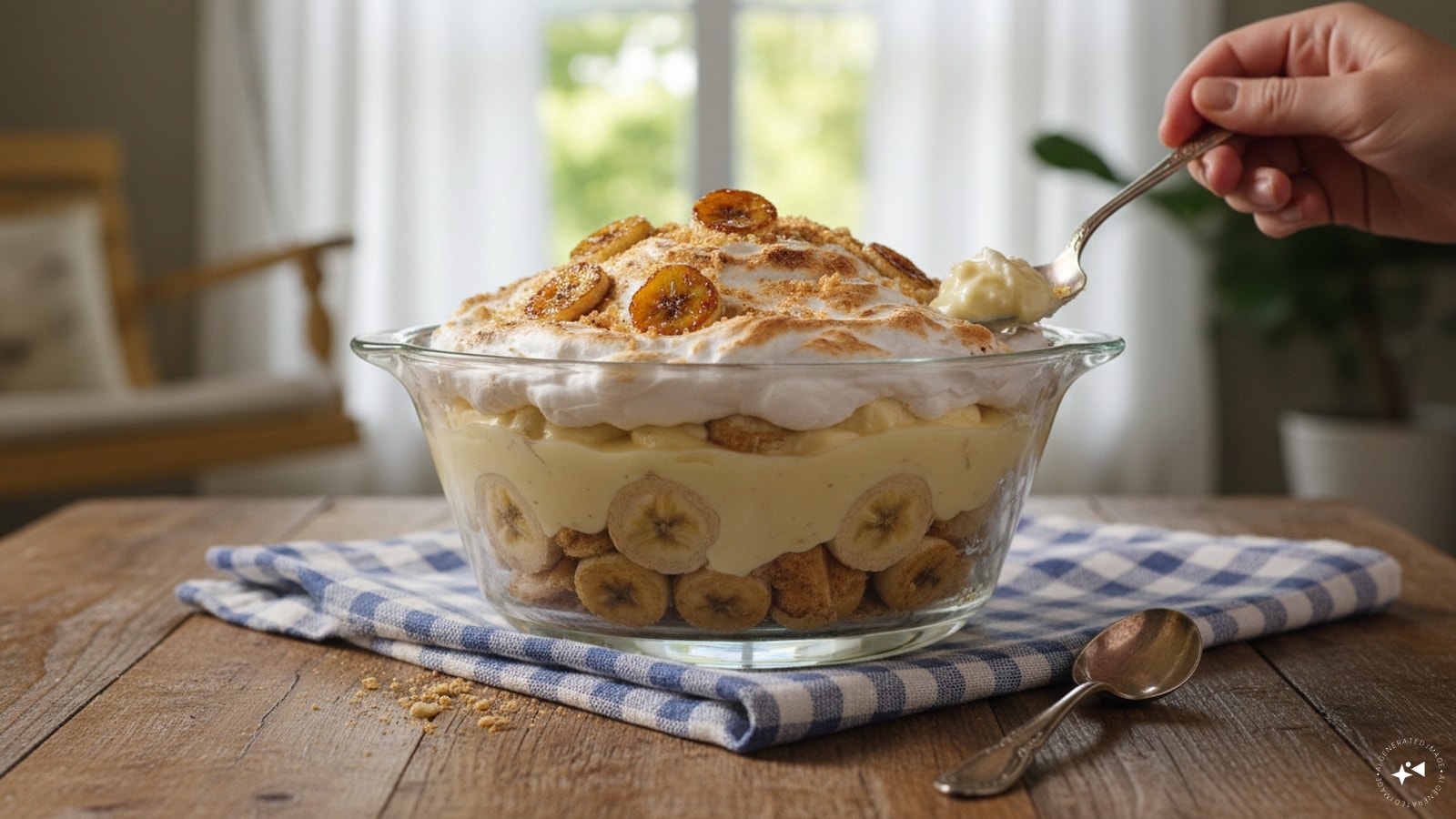 Easy Southern Banana Pudding: Layer vanilla wafers, sliced fresh bananas, and prepared instant vanilla pudding in a large bowl or serving dish. Repeat the layers until filled, then top generously with whipped cream and crushed wafer crumbs. Chill for at least two hours to allow the cookies to soften. (Image: AI-generated)