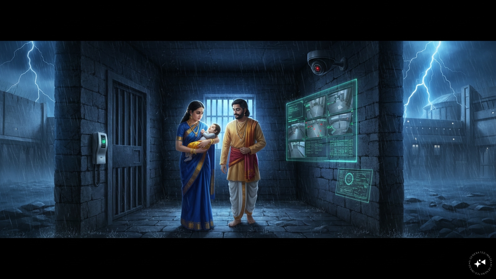 Modern Mathura prison with CCTV and biometric security during Krishna’s birth. Modern Mathura prison with CCTV and biometric security during Krishna’s birth.
