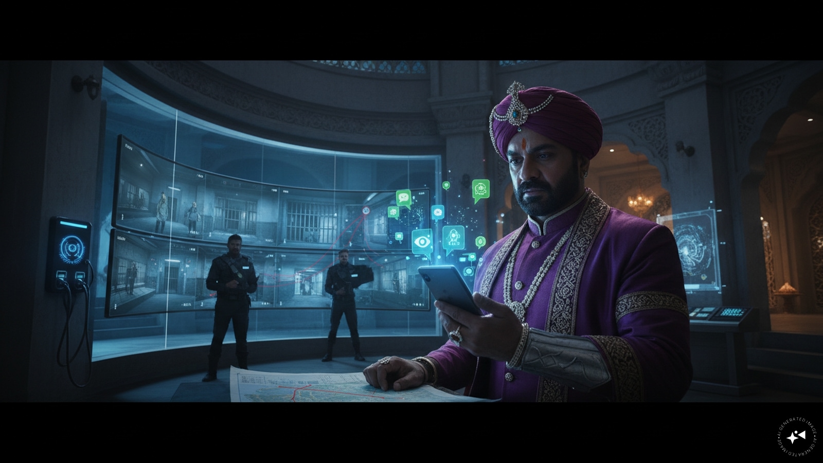 Modern Mathura ruler receiving an urgent smartphone alert about Krishna’s birth. Modern Mathura ruler receiving an urgent smartphone alert about Krishna’s birth.