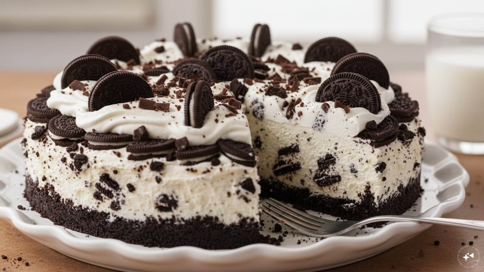 Classic No-Bake Oreo Cheesecake: Crush Oreo cookies and mix with melted butter to press into a pan for the base. Beat cream cheese, powdered sugar, and whipped topping together until smooth, then fold in crushed cookie pieces. Spread the mixture over the crust and chill for four hours until set. (Image: AI-generated)