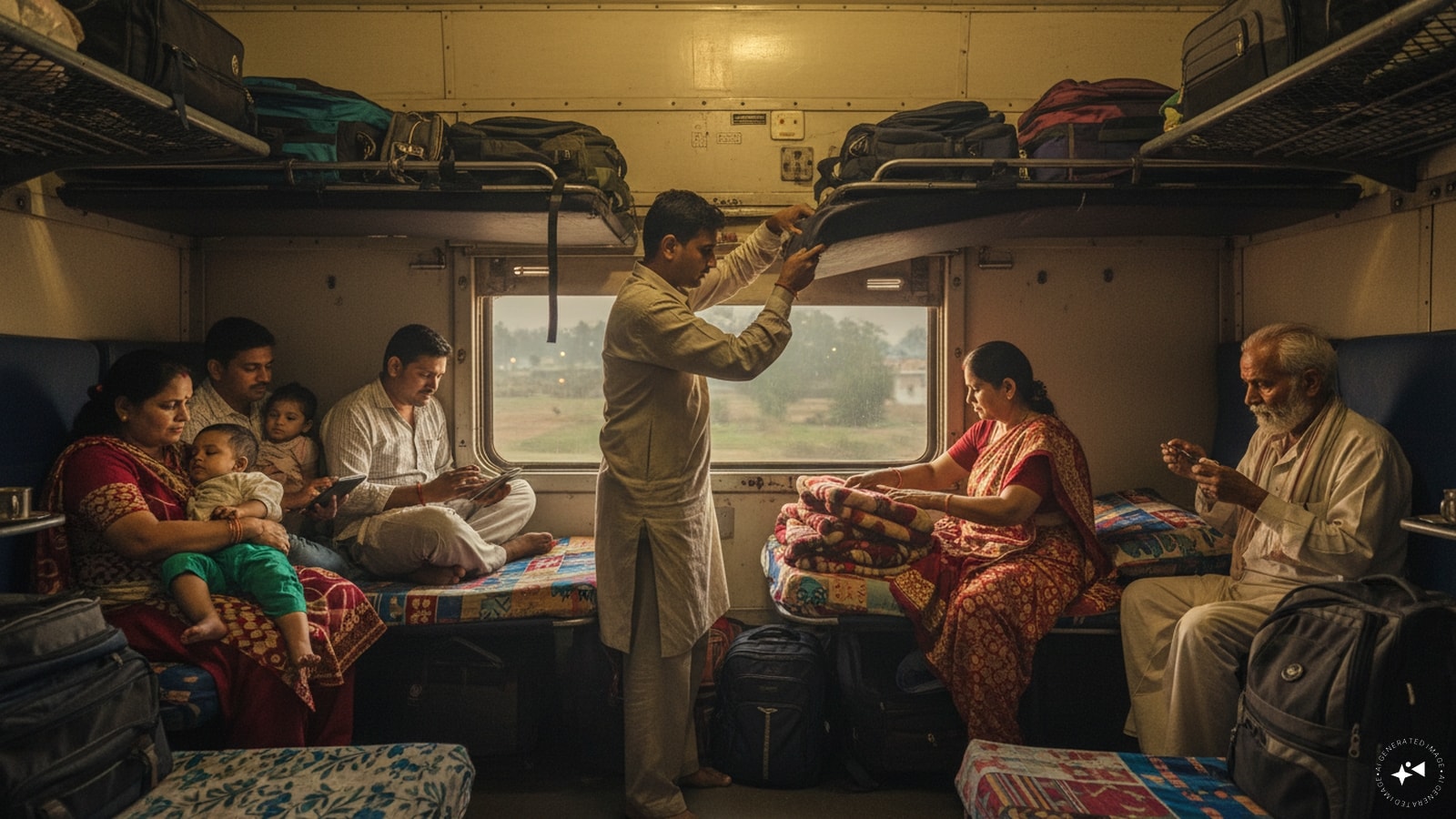 The middle berth has its own unwritten timetable: The middle berth can create a mini negotiation over when the coach switches from daytime seating to sleeping mode. Regular travellers usually work it out among themselves, especially when elderly passengers, children or families are involved. Courtesy matters. (AI photo)