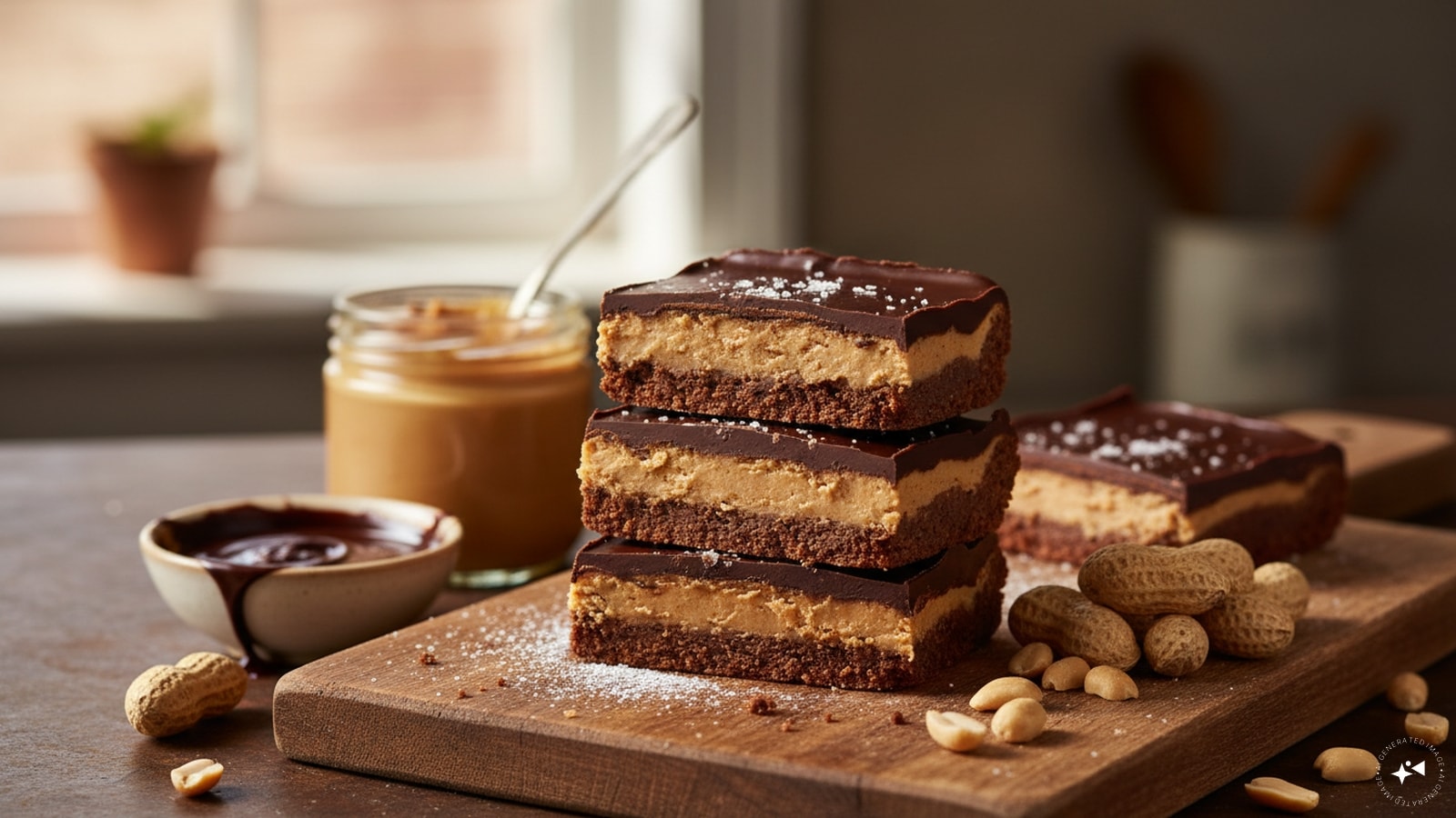 3-Ingredient Chocolate Peanut Butter Bars: Melt peanut butter with a touch of honey or maple syrup and stir in rolled oats until fully combined. Press the mixture firmly into a lined baking dish, pour melted dark chocolate on top, and chill in the fridge for one hour before slicing into bars. (Image: AI-generated)