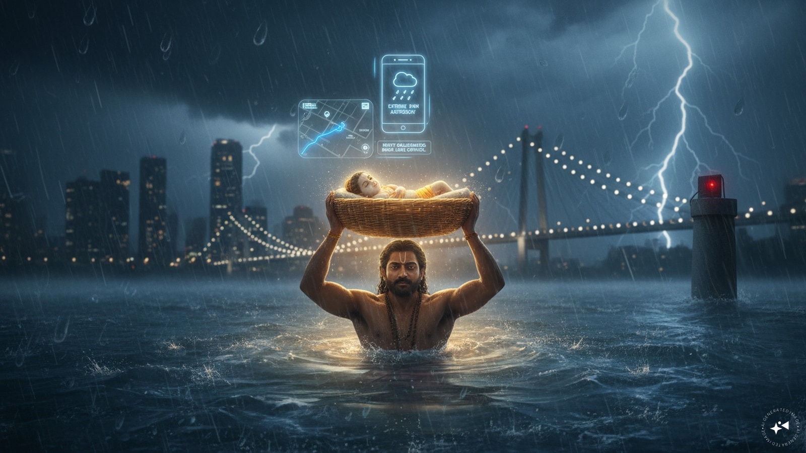 Vasudeva carrying baby Krishna across the Yamuna during a modern monsoon night. Vasudeva carrying baby Krishna across the Yamuna during a modern monsoon night.