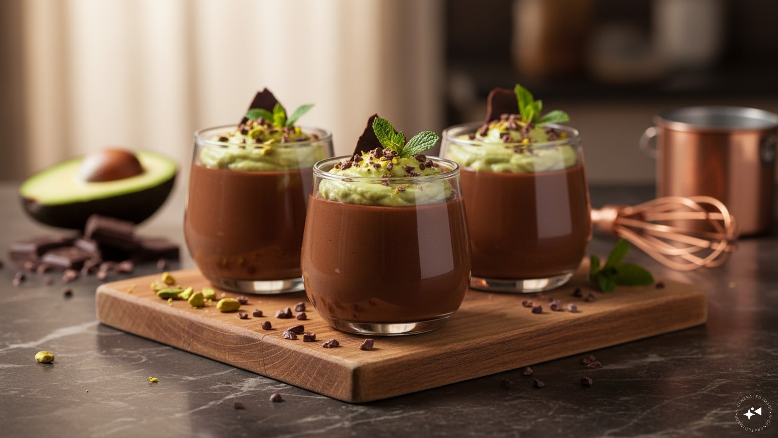 Silky Chocolate Avocado Pots de Crème: Blend ripe avocados, unsweetened cocoa powder, maple syrup, milk, and vanilla extract in a blender until completely smooth and creamy. Scoop the rich chocolate pudding into ramekins and chill for thirty minutes. Serve garnished with fresh raspberries or shaved dark chocolate for an easy, healthy indulgence. (Image: AI generated)
