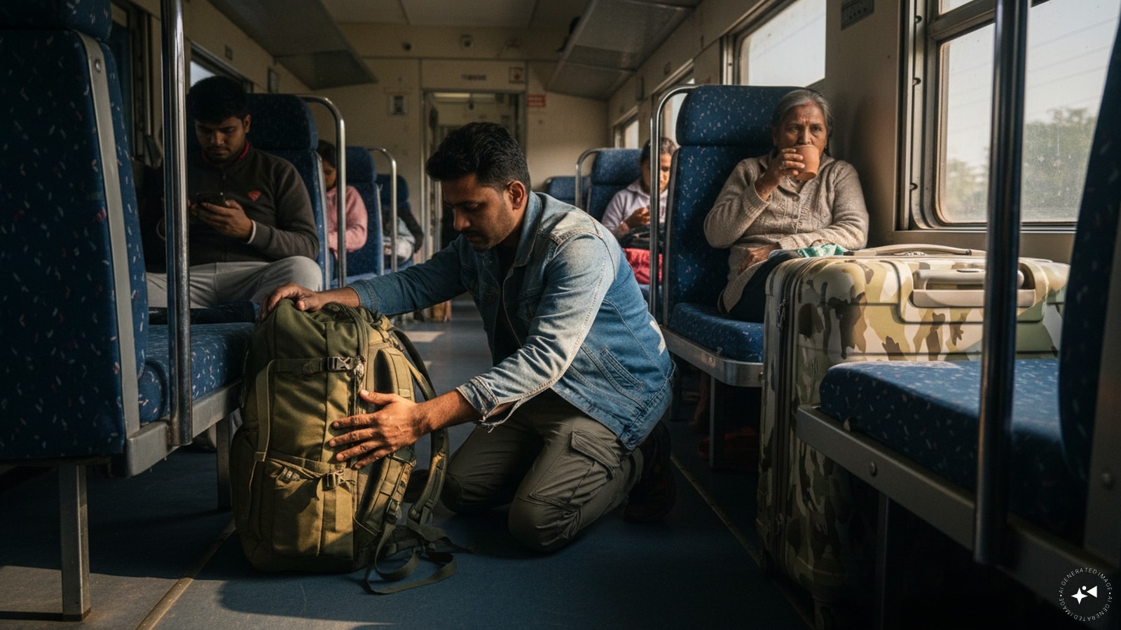 Keep your luggage close and organised: Experienced passengers rarely leave valuable belongings casually lying around. Bags are kept under seats, secured or placed where they can be watched easily. Indian Railways has specific luggage rules and allowances, so oversized or excess baggage may require separate booking. (AI photo)