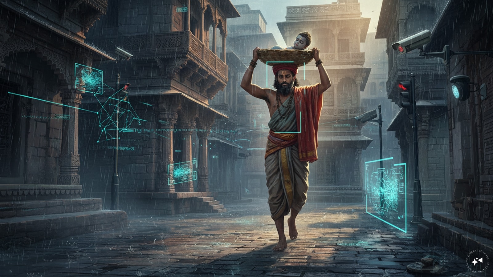 AI surveillance tracking Vasudeva carrying baby Krishna through modern Mathura. AI surveillance tracking Vasudeva carrying baby Krishna through modern Mathura.