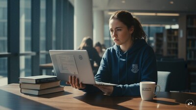 A modern workspace featuring a sleek laptop running code lines next to a notebook, capturing the blend of student life, programming, and remote work.
