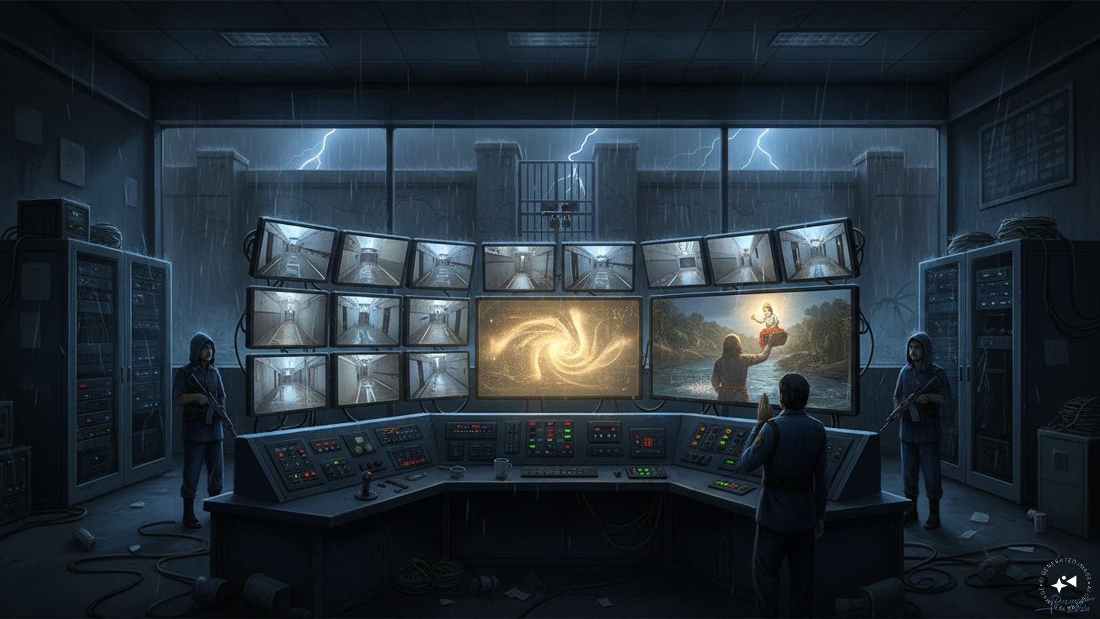 CCTV surveillance screens showing a mysterious interruption during Krishna’s escape. CCTV surveillance screens showing a mysterious interruption during Krishna’s escape.