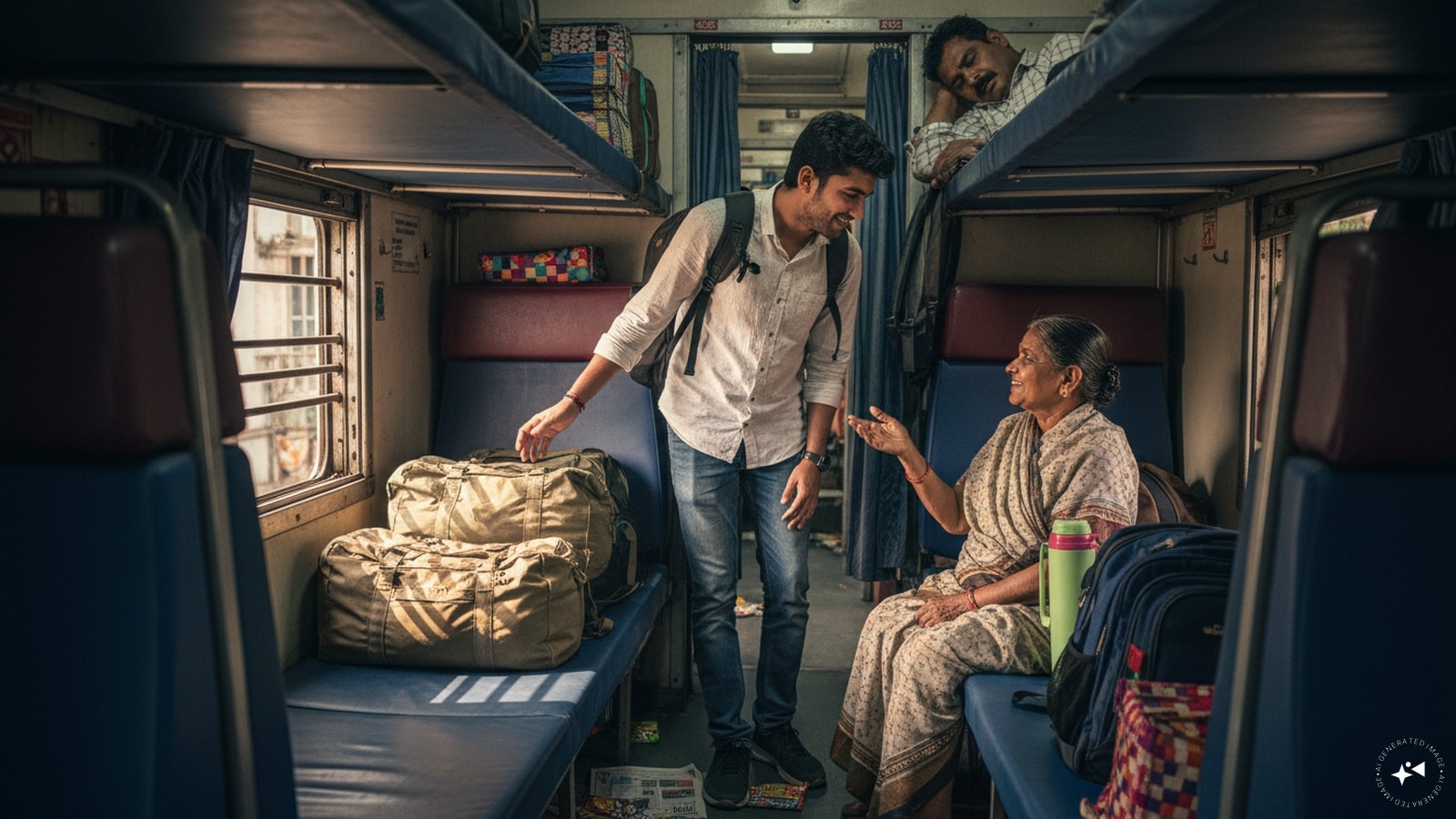 The “Can you watch my seat?” tradition: A quick dash to the washroom or platform can lead to the classic request: “Bhaiya, zara seat dekhna.” It is an everyday gesture of trust between strangers. Still, passengers should avoid leaving valuables unattended and remain responsible for their belongings. (AI photo)