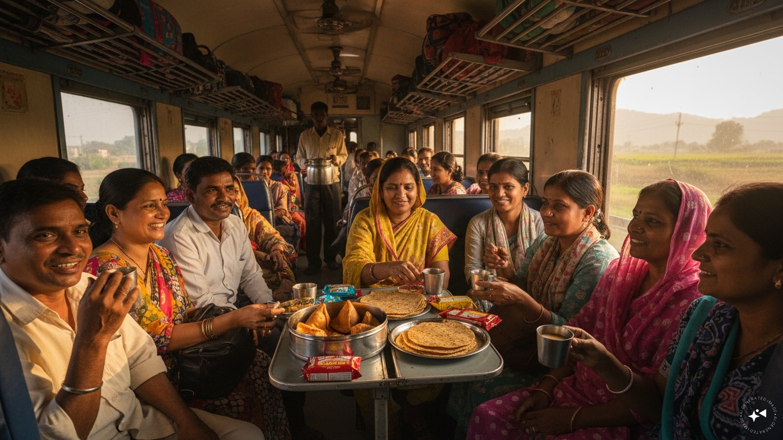 Food gets shared, but asking first is the rule: Indian train journeys have a long association with homemade food, snacks and chai. Someone may offer you a samosa, poha or thepla, but accepting or declining politely is part of the ritual. The important unofficial rule: never take food without asking. (AI photo)