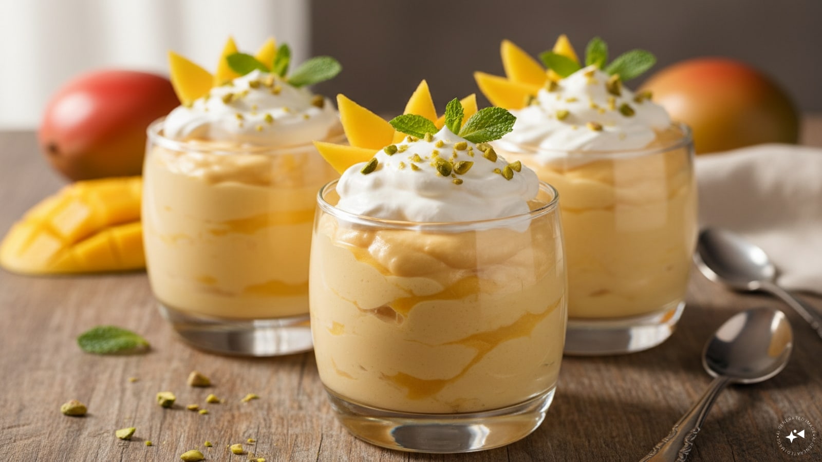 Creamy Mango Mousse: Whip heavy cream until stiff peaks form, then gently fold in fresh mango puree and sweetened condensed milk. Divide the velvety mixture into individual glass cups and refrigerate for two hours. Top with diced fresh mangoes and a sprig of mint before serving chilled. (Image: AI-generated)