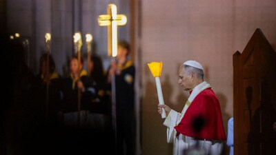 Pope Leo on the Rosary Square at the Sanctuary of Our Lady of Lourdes, France. (Reuters)