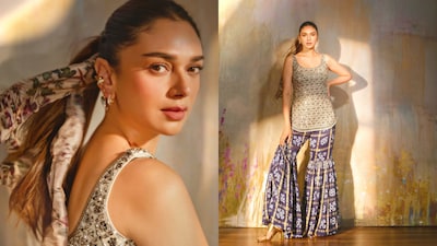 Aditi Rao Hydari brings old-school Bollywood glamour to the spotlight with a sparkling sharara and printed scarf.