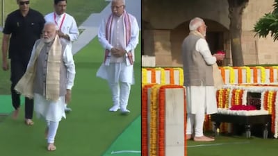 Visuals from Prime Minister Modi's visit to Raj Ghat have surfaced on X.