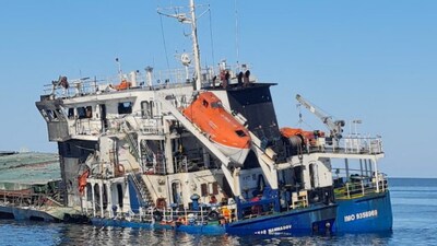 The fire-damaged "Royad Mammadov" ship in the Black Sea after a fire aboard the vessel outside Romania's territorial waters left two people dead. (Reuters photo)