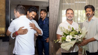 TVK chief Vijay welcomed Gandhi at the entrance of his residence in Neelankarai, a coastal neighbourhood on Chennai’s outskirts.