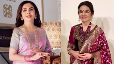 Staying true to her signature aesthetic, Nita Ambani opted for a look that balanced understated luxury with traditional detailing. (Image: Instagram/@Swadesh_online/@Viral Bhayani)