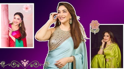 Hunting for Navratri outfit inspiration? Madhuri Dixit's colourful sarees bring together lustrous fabrics, embellished blouses, statement jewellery and festive glamour.
