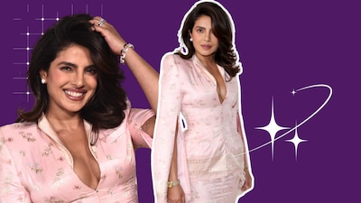 Priyanka Chopra turns up the heat in a baby-pink Matières Fécales ensemble, pairing sharp tailoring with a plunging neckline and a train that refuses to go unnoticed.