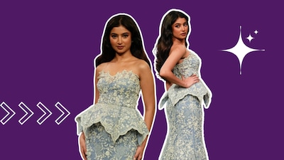Dhurandhar star Sara Arjun turns showstopper for Anushree Reddy at Lakmē Fashion Week in a powder-blue embroidered gown that gives traditional bridal reds some serious competition.