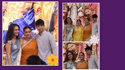 Kajol turned to a gold-and-grey drape for the celebrations, while Nysa’s blue saree and Yug’s grey kurta made sibling twinning look effortless.