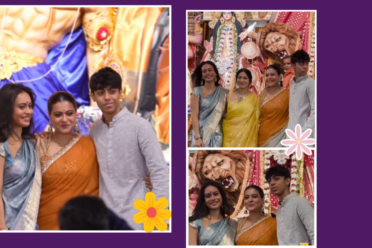 Kajol’s Two-Tone Saree Steals A Saptami Moment While Nysa And Yug Coordinate In Cool-Toned Fits