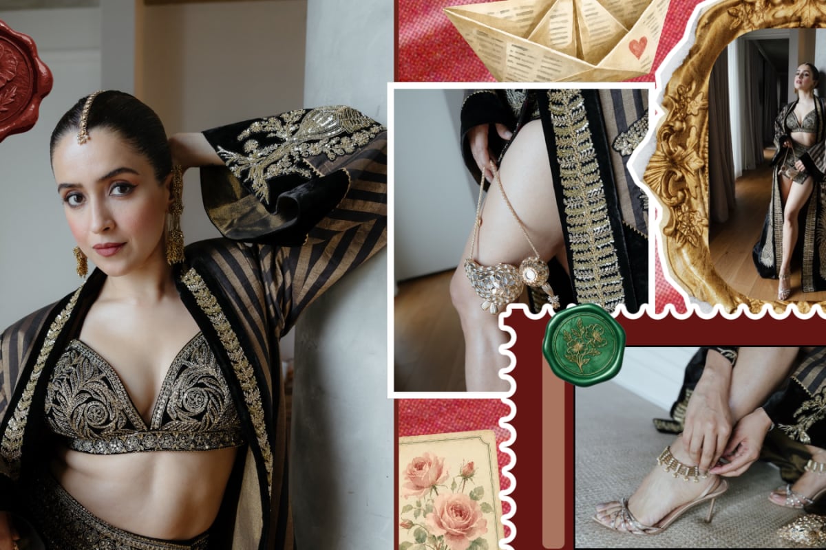 Sanya Malhotra Embraces More-Is-More Dressing In Masaba's Gold-Embroidered Bralette And Statement Jacket For Diwali