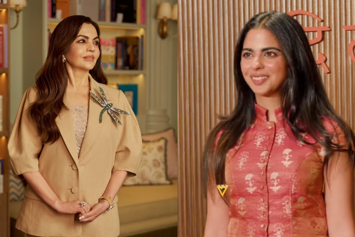 Nita Ambani Pins A Stunning Wallace Chan Dragonfly Brooch To Her Beige Co-Ord As Isha Ambani Brings Brocade To Denim