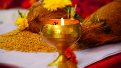 The Akhanda Jyoti is traditionally lit on the first day of Navratri alongside Kalash Sthapana.