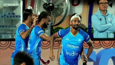India's Mandeep Singh celebrates with teammates after scoring a goal during Men's Hockey Asia Cup 2025 match between India and Korea (Picture credit: PTI)