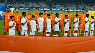 India's players line up for national anthem before an International friendly Football match between India and Uruguay (Picture credit: PTI)