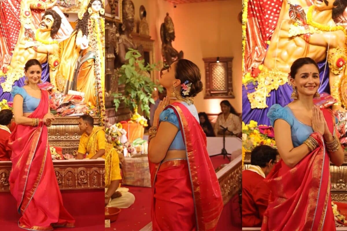 Alia Bhatt Brings A Pop Of Sky Blue To Her Rani Pink Saree At Kajol's Durga Pujo Celebrations