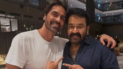 Arjun Rampal and Mohanlal pose together during the Operation Ganga shoot in Tbilisi.