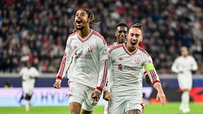 Bradley Barcola (left) celebrates after scoring a goal against LASK. (AP Photo)