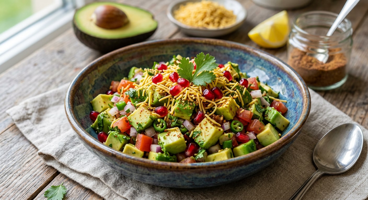 Avocado ChaatTake the flavours of chaat and swap some of the usual ingredients for diced avocado. Add chopped onion, tomato, coriander, green chilli and a squeeze of lemon, then sprinkle with chaat masala. You can also add pomegranate seeds or sev for texture. Avocado ChaatTake the flavours of chaat and swap some of the usual ingredients for diced avocado. Add chopped onion, tomato, coriander, green chilli and a squeeze of lemon, then sprinkle with chaat masala. You can also add pomegranate seeds or sev for texture.