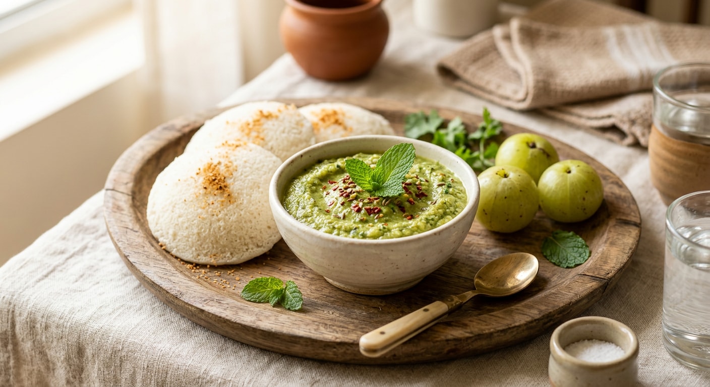  Amla ChutneyFor a quick chutney, blend fresh amla with coriander, mint, green chilli, ginger and a little roasted cumin. Adjust the sourness with a small amount of jaggery if needed. It can be paired with parathas, idlis, dosas or snacks.