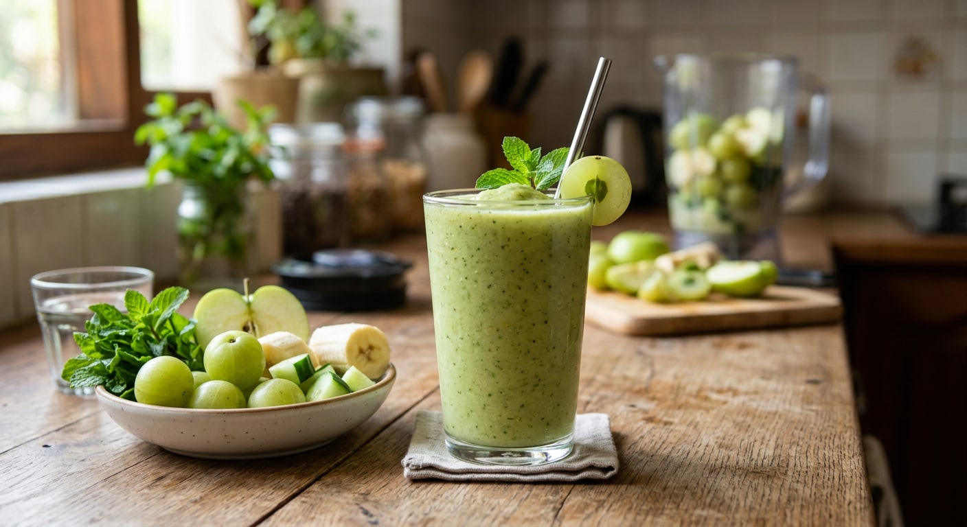 Amla SmoothieAmla can also be added to a fruit smoothie. Blend a small amount of fresh amla with ingredients such as apple, banana, cucumber or mint. Since raw amla is quite tart, naturally sweet fruits can help balance its flavour without requiring much added sugar.